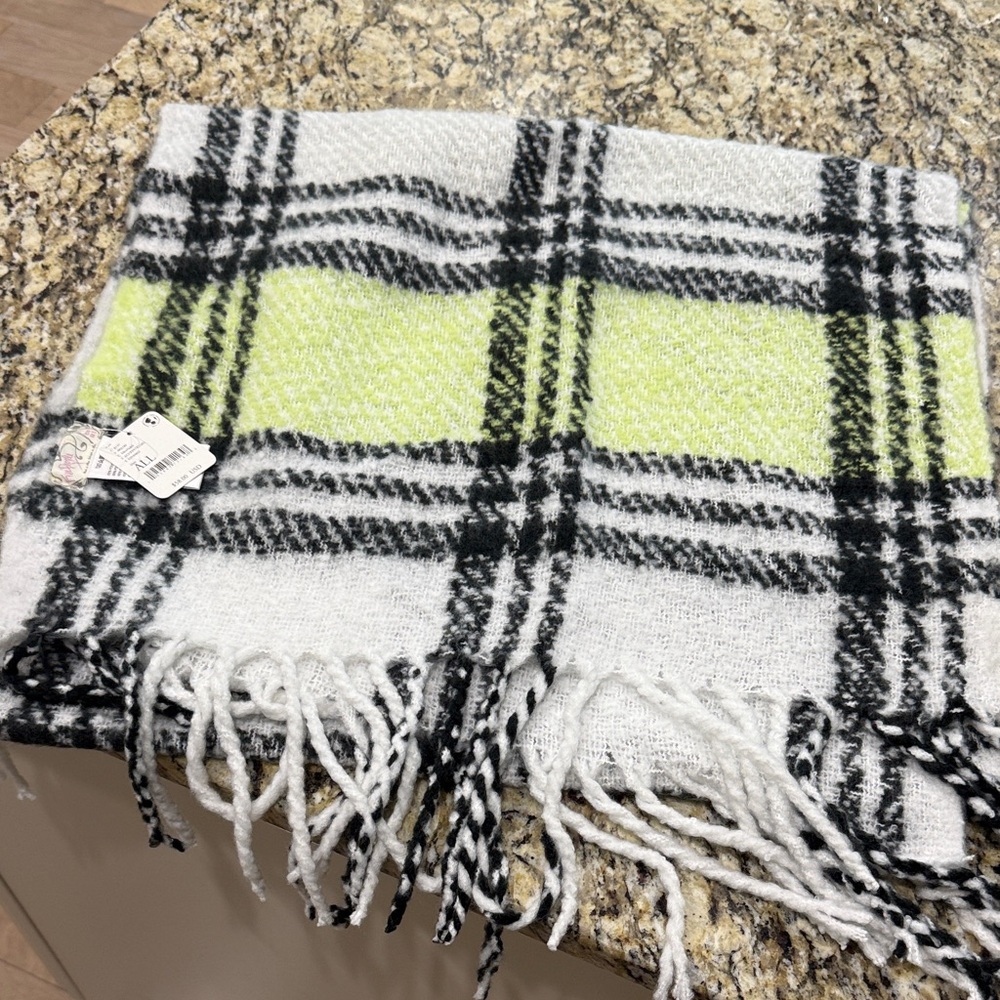 Free People Black and White Plaid Scarf with Green Accents